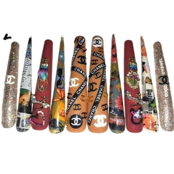 Hand crafted custom print 10pc 3xl acrylic press on nails sz Large